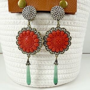 Heidi Daus Chinois Crystal Dangle Drop Clip On Earrings Coral Color Jade Boho